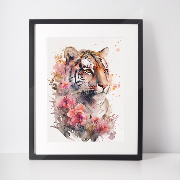 Floral Tiger Watercolor Wall Art Illustration Print Poster Card Unframed - Picture 2 of 6